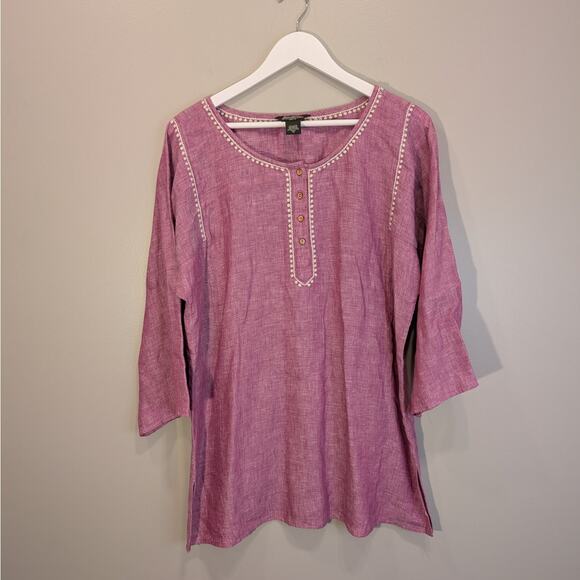 Eddie Bauer Linen Blouse Kaftan Tunic Embroidered Lagenlook Coastal - Size XLT - Picture 1 of 8